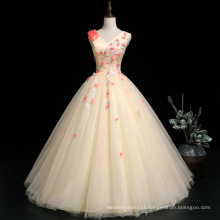 HQ198 Sleeveless V-neck Prom Dress Light Yellow Appliqued Flowers Long Prom Dress Puffy Ball Gown Prom Evening Dress